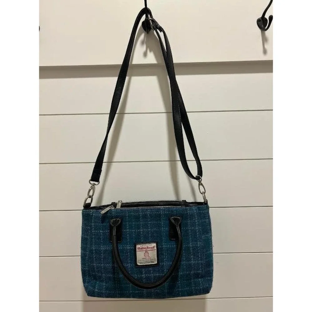 Glen Appin Harris Tweed Teal Blue Plaid Wool Satchel Crossbody Bag Handbag